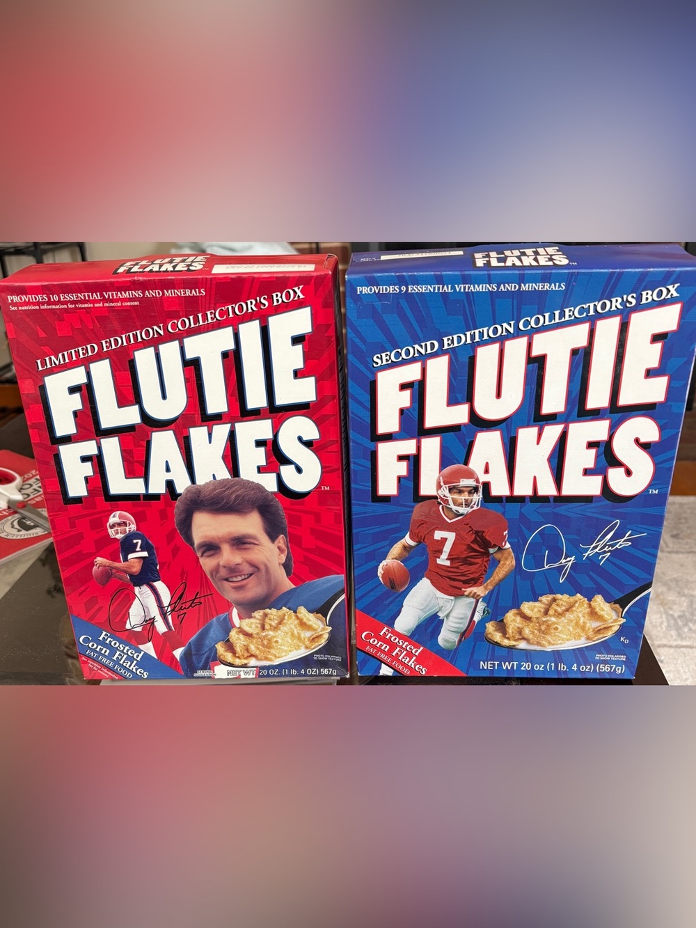 Flutie Flakes Limited Edition Cereal Boxes - Vintage Collectible Red & Blue